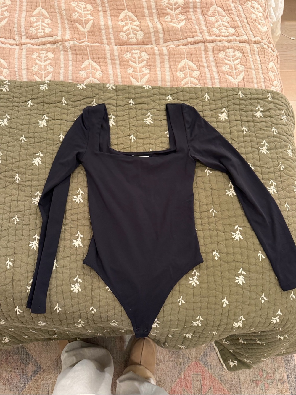 Aritzia Black Long-Sleeve Square-Neck Bodysuit